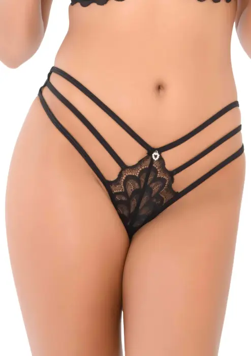 Lace string with straps – Black – S/M