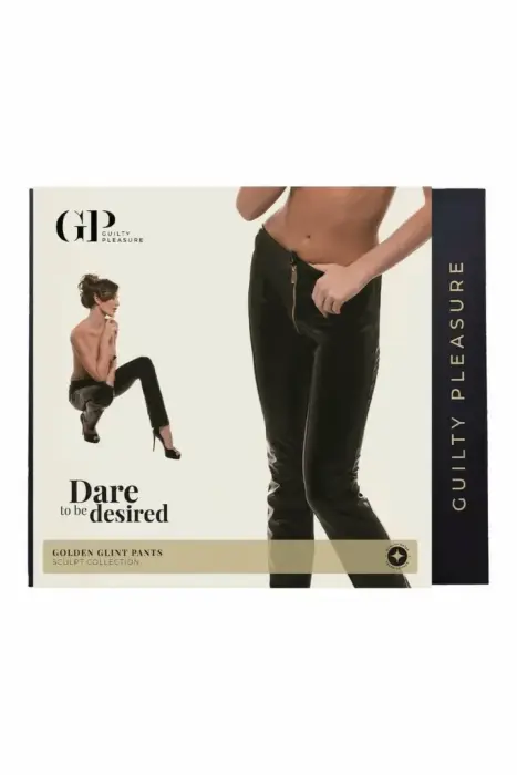 Guilty Pleasure Golden Glint Pants – облегающие брюки из Datex с золотой молнией спереди – чёрные – Размер: XXL