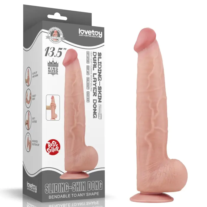 LoveToy – дилдо king size со скользящей кожей из двух слоёв – телесный – 34,3 см