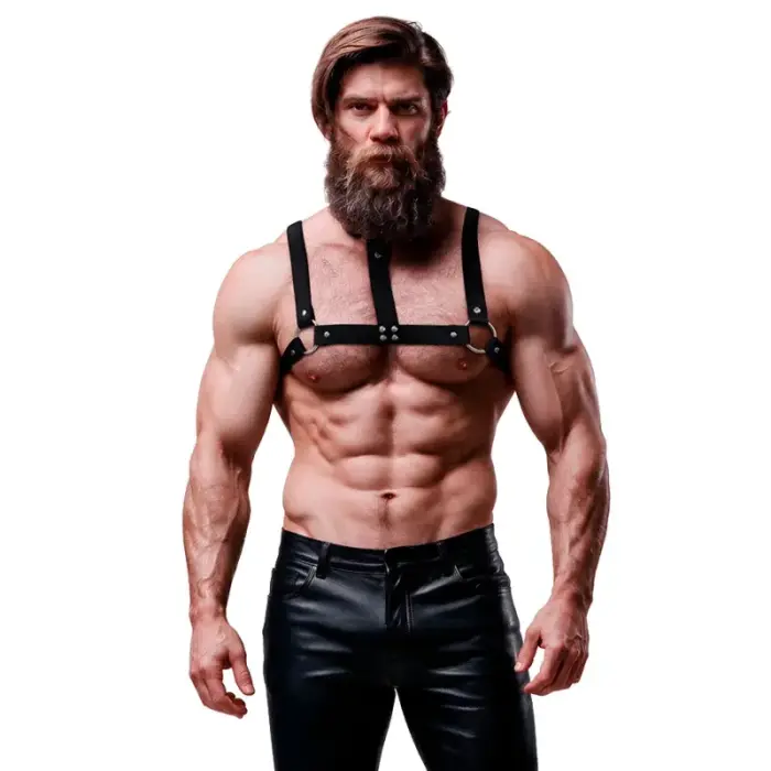 Fetish Submissive Attitude Adjustable Vegan Leather Chest Harness for Men – Black – One Size