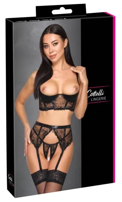 Cottelli LINGERIE wetlook shelf bra set with sequins, 3 pcs – black – 80B/M