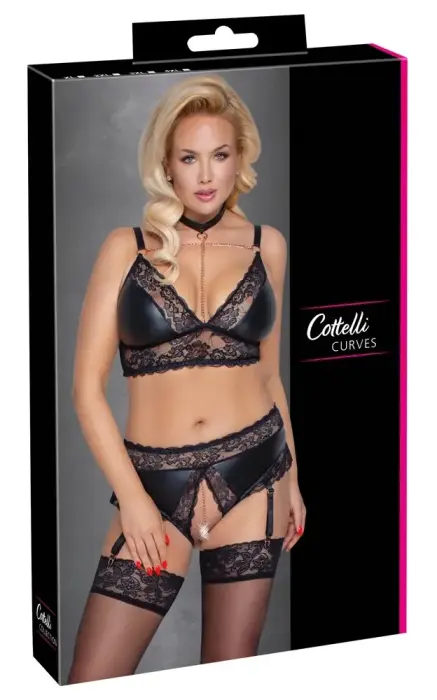 Cottelli CURVES бюстгальтер и трусы с поясом для чулок 4XL со съемными цепями, матовый и кружевной – чёрный – 4 XL