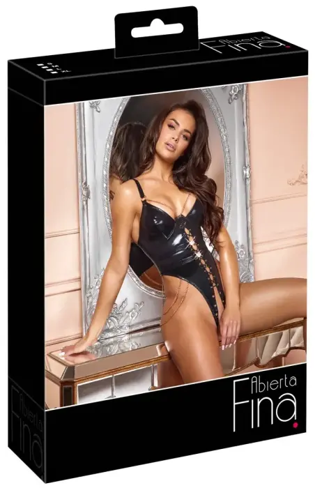 Abierta Fina Wetlook Thong Bodysuit with Rose Gold Details – Black – XL