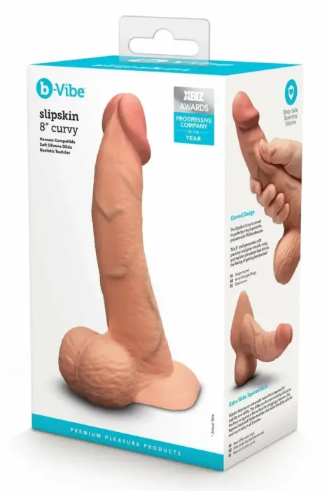 b-Vibe SlipSkin 8" Curvy – spiedienam reaģējoša silikona dildo ar piesūcekni – dabiskā ādas krāsā – 20,3 cm