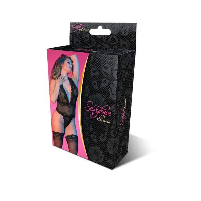 Magic Silk Exposed Deep Look Halter Bodysuit – Black – S/M