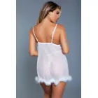 Farah babydoll komplekts ar mākslīgās kažokādas un tīkliņa detaļām – balts – S/M Foto 4