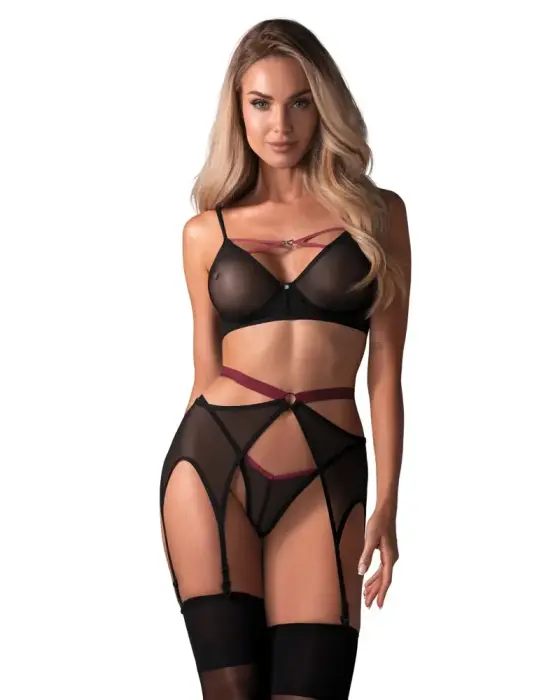 Obsessive Novenes 3-piece Lingerie Set – Black/Pink – M/L