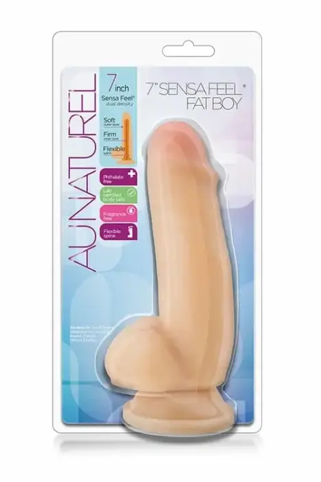 AU NATUREL Fat Boy 7" – dvigubo tankio Sensa Feel lankstus dildo su siurbtuku – smėlio – 17,8 cm