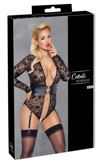 Cottelli Bondage Long Sleeve Lace Bodysuit with Rose-Gold Accents – Black – 3 XL